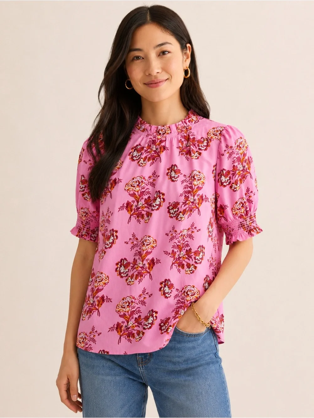 J. Crew Smocked Puff Sleeve Top Blouse in Pink Marigold Floral Print Size XS